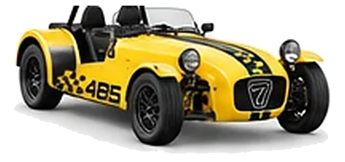 Caterham Seven 485 in Classic Yellow with lightweight racing vinyl graphics, front three-quarter view on a white background.