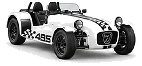 Caterham Seven 485 in Polar White with lightweight racing vinyl graphics, front three-quarter view on a white background.