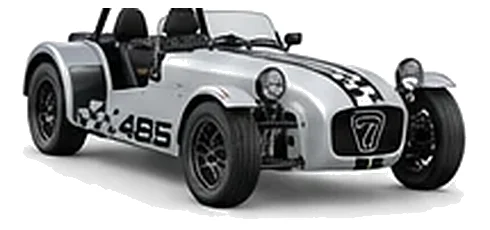 Caterham Seven 485 in Storm Silver with lightweight racing vinyl graphics, front three-quarter view on a white background.
