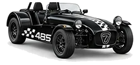 Caterham Seven 485 in Jet Black with lightweight racing vinyl graphics, front three-quarter view on a white background.