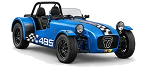 Caterham Seven 485 in Riviera Blue with lightweight racing vinyl graphics, front three-quarter view on a white background.