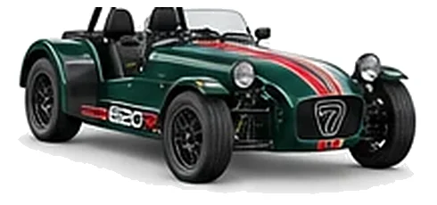 Caterham Seven 620 in Racing Green with lightweight racing vinyl graphics, front three-quarter view on a white background.