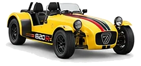 Caterham Seven 620 in Classic Yellow with lightweight racing vinyl graphics, front three-quarter view on a white background.