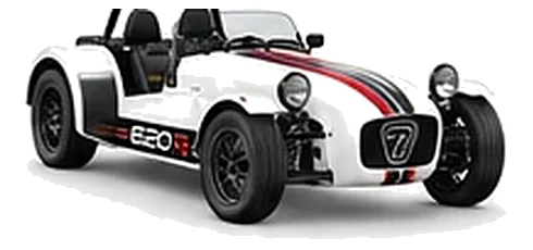 Caterham Seven 620 in Polar White with lightweight racing vinyl graphics, front three-quarter view on a white background.