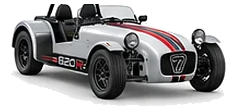 Caterham Seven 620 in Storm Silver with lightweight racing vinyl graphics, front three-quarter view on a white background.