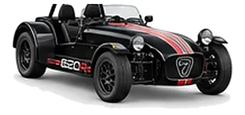 Caterham Seven 620 in Jet Black with lightweight racing vinyl graphics, front three-quarter view on a white background.