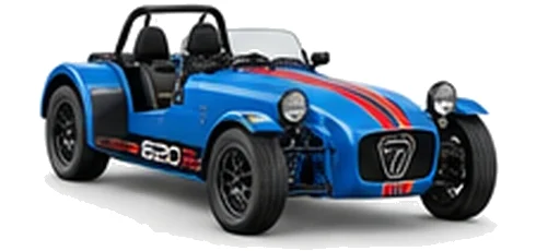 Caterham Seven 620 in Riviera Blue with lightweight racing vinyl graphics, front three-quarter view on a white background.