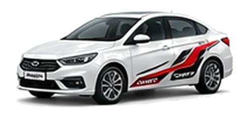 Chery Arrizo 5 in Arctic White with bold crossover vinyl graphics, front three-quarter view on a white background.