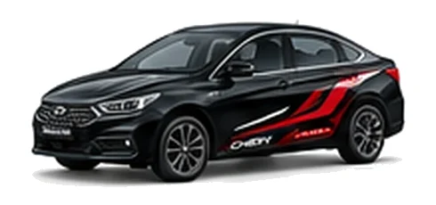 Chery Arrizo 5 in Obsidian Black with bold crossover vinyl graphics, front three-quarter view on a white background.