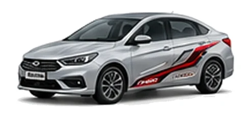 Chery Arrizo 5 in Quartz Silver with bold crossover vinyl graphics, front three-quarter view on a white background.