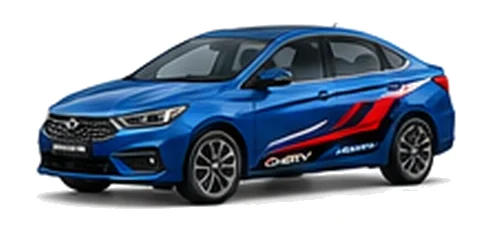 Chery Arrizo 5 in Cobalt Blue with bold crossover vinyl graphics, front three-quarter view on a white background.