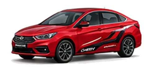 Chery Arrizo 5 in Scarlet Red with bold crossover vinyl graphics, front three-quarter view on a white background.