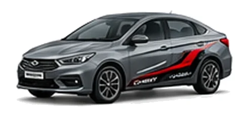 Chery Arrizo 5 in Titanium Grey with bold crossover vinyl graphics, front three-quarter view on a white background.