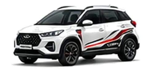 Chery Tiggo 2 Pro in Arctic White with bold crossover vinyl graphics, front three-quarter view on a white background.
