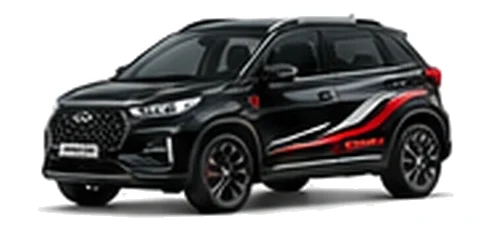 Chery Tiggo 2 Pro in Obsidian Black with bold crossover vinyl graphics, front three-quarter view on a white background.