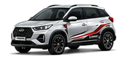 Chery Tiggo 2 Pro in Quartz Silver with bold crossover vinyl graphics, front three-quarter view on a white background.