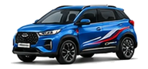 Chery Tiggo 2 Pro in Cobalt Blue with bold crossover vinyl graphics, front three-quarter view on a white background.