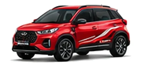Chery Tiggo 2 Pro in Scarlet Red with bold crossover vinyl graphics, front three-quarter view on a white background.