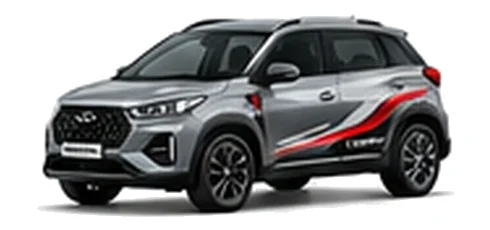 Chery Tiggo 2 Pro in Titanium Grey with bold crossover vinyl graphics, front three-quarter view on a white background.