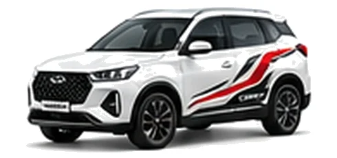 Chery Tiggo 4 Pro in Arctic White with bold crossover vinyl graphics, front three-quarter view on a white background.