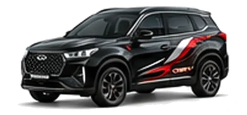 Chery Tiggo 4 Pro in Obsidian Black with bold crossover vinyl graphics, front three-quarter view on a white background.