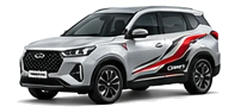 Chery Tiggo 4 Pro in Quartz Silver with bold crossover vinyl graphics, front three-quarter view on a white background.