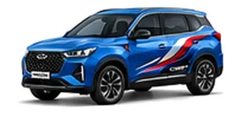 Chery Tiggo 4 Pro in Cobalt Blue with bold crossover vinyl graphics, front three-quarter view on a white background.