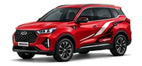 Chery Tiggo 4 Pro in Scarlet Red with bold crossover vinyl graphics, front three-quarter view on a white background.