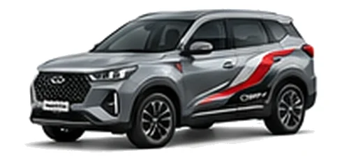 Chery Tiggo 4 Pro in Titanium Grey with bold crossover vinyl graphics, front three-quarter view on a white background.