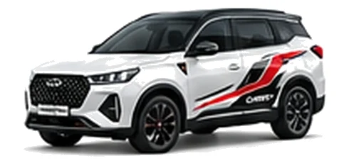 Chery Tiggo 7 Pro in Arctic White with bold crossover vinyl graphics, front three-quarter view on a white background.