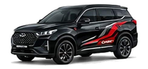 Chery Tiggo 7 Pro in Obsidian Black with bold crossover vinyl graphics, front three-quarter view on a white background.