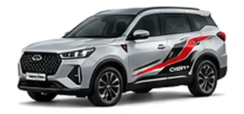 Chery Tiggo 7 Pro in Quartz Silver with bold crossover vinyl graphics, front three-quarter view on a white background.