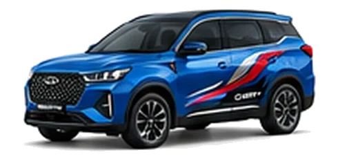 Chery Tiggo 7 Pro in Cobalt Blue with bold crossover vinyl graphics, front three-quarter view on a white background.