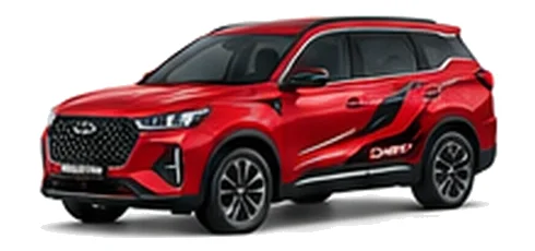 Chery Tiggo 7 Pro in Scarlet Red with bold crossover vinyl graphics, front three-quarter view on a white background.