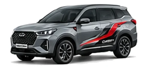 Chery Tiggo 7 Pro in Titanium Grey with bold crossover vinyl graphics, front three-quarter view on a white background.