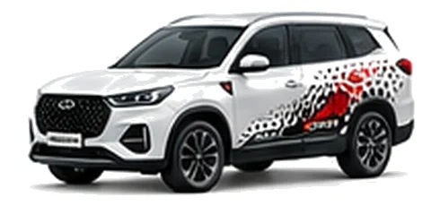 Chery Tiggo 8 Pro in Arctic White with bold crossover vinyl graphics, front three-quarter view on a white background.