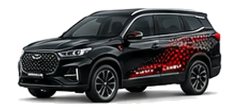Chery Tiggo 8 Pro in Obsidian Black with bold crossover vinyl graphics, front three-quarter view on a white background.