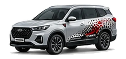 Chery Tiggo 8 Pro in Quartz Silver with bold crossover vinyl graphics, front three-quarter view on a white background.