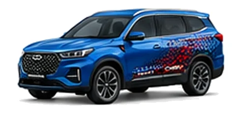 Chery Tiggo 8 Pro in Cobalt Blue with bold crossover vinyl graphics, front three-quarter view on a white background.