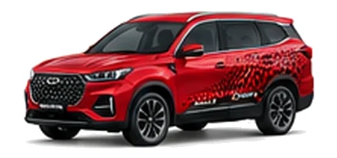 Chery Tiggo 8 Pro in Scarlet Red with bold crossover vinyl graphics, front three-quarter view on a white background.