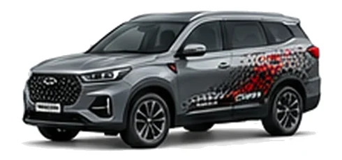 Chery Tiggo 8 Pro in Titanium Grey with bold crossover vinyl graphics, front three-quarter view on a white background.