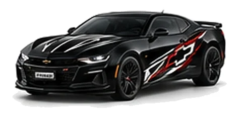 Chevrolet Camaro in Black with Chevrolet performance vinyl graphics, front three-quarter view on a white background.