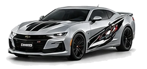 Chevrolet Camaro in Silver Ice with Chevrolet performance vinyl graphics, front three-quarter view on a white background.