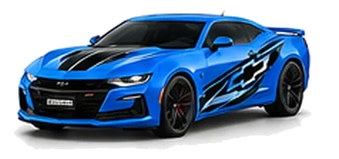 Chevrolet Camaro in Rapid Blue with Chevrolet performance vinyl graphics, front three-quarter view on a white background.