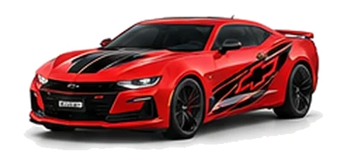 Chevrolet Camaro in Torch Red with Chevrolet performance vinyl graphics, front three-quarter view on a white background.