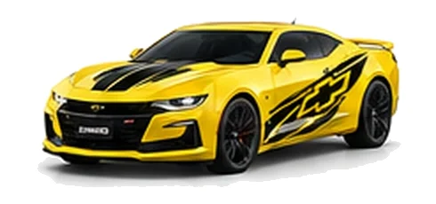 Chevrolet Camaro in Shock Yellow with Chevrolet performance vinyl graphics, front three-quarter view on a white background.
