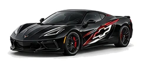 Chevrolet Corvette in Black with Chevrolet performance vinyl graphics, front three-quarter view on a white background.