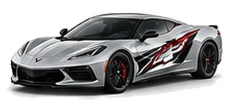 Chevrolet Corvette in Silver Ice with Chevrolet performance vinyl graphics, front three-quarter view on a white background.