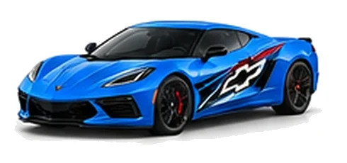 Chevrolet Corvette in Rapid Blue with Chevrolet performance vinyl graphics, front three-quarter view on a white background.