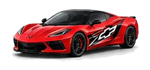 Chevrolet Corvette in Torch Red with Chevrolet performance vinyl graphics, front three-quarter view on a white background.